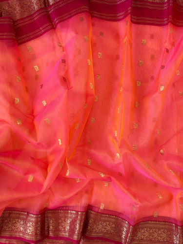 Chanderi Silk saree | Orange and Pink (Dual Shade) | Handwoven | Ships from California
